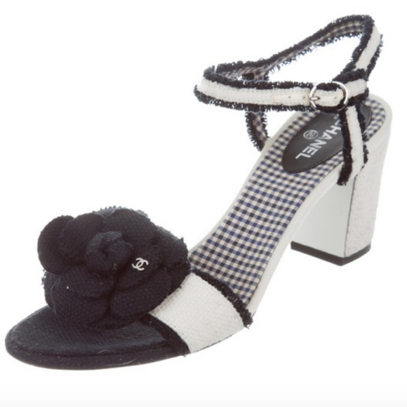 CHANEL Shoes - CHANEL Ivory Tweed Camellia Sandals Size 38